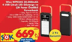 WİZZ WP034S 30.000MAH 4 USB ÇIKIŞLI LED GÖSTERGE VE ÇİFT FENER ÖZELLİKLİ POWERBANK